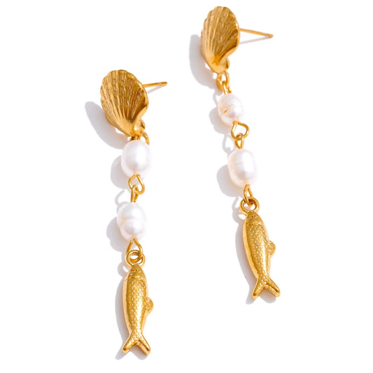 Pearl shell fish long dangle earrings - product image