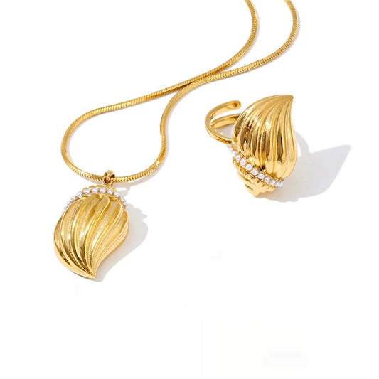 Pearls conch pendant necklace ring set - product image