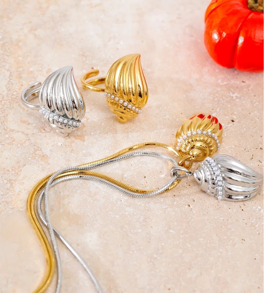 Pearls conch pendant necklace ring set - product image