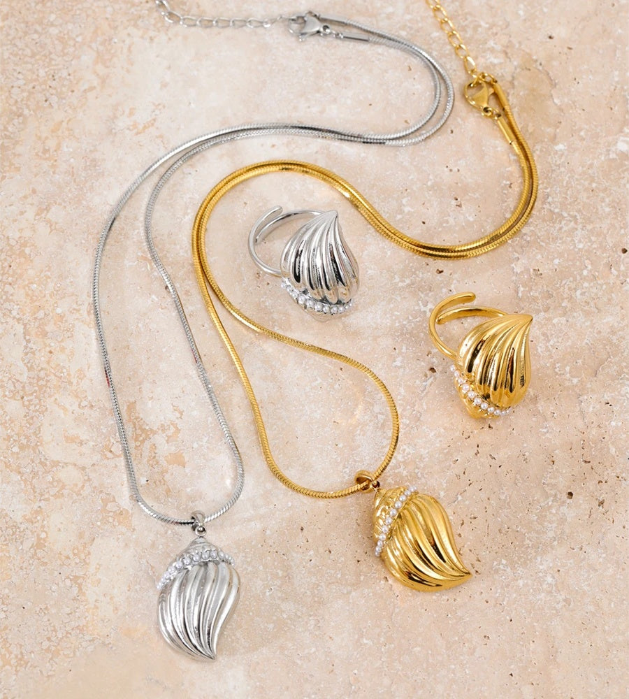 Pearls conch pendant necklace ring set - product image