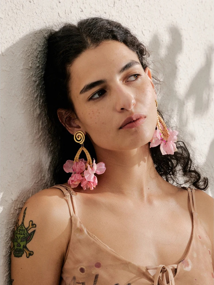 Pink flower bohemian dangle drop earrings - product image