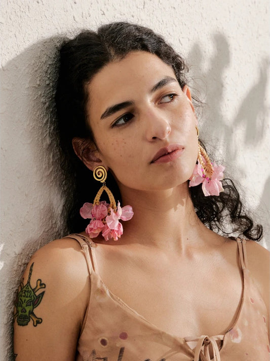 Pink flower bohemian dangle drop earrings - product image