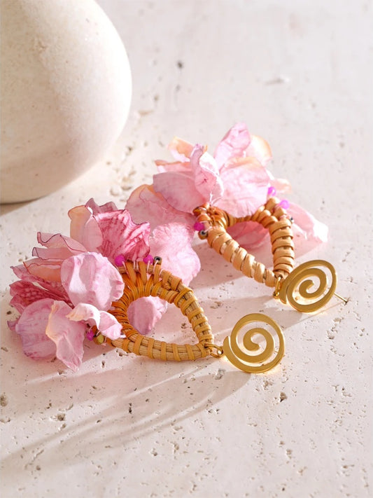 Pink flower bohemian dangle drop earrings - product image