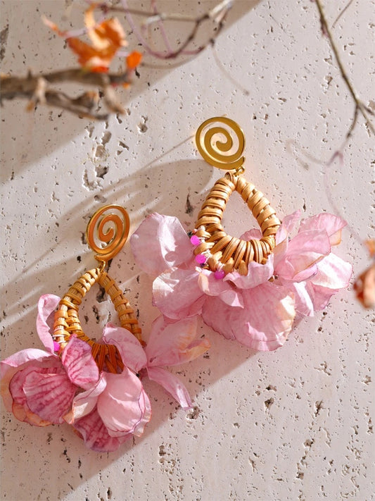 Pink flower bohemian dangle drop earrings - product image