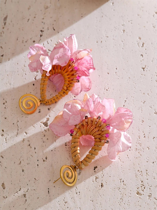Pink flower bohemian dangle drop earrings - product image