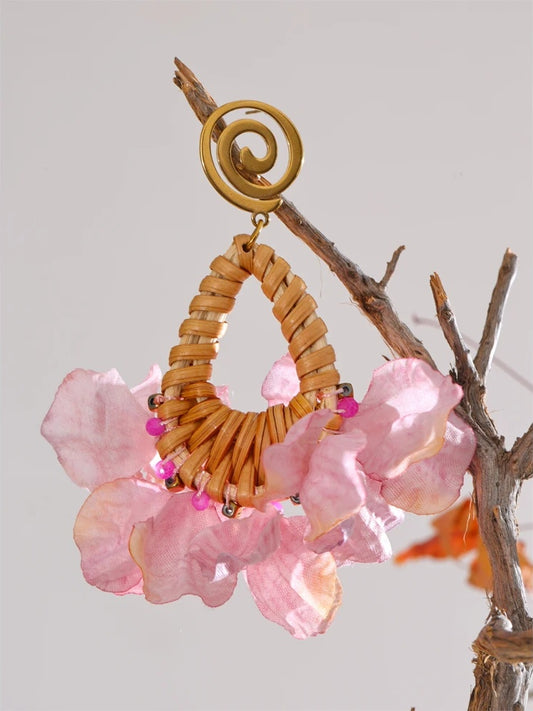 Pink flower bohemian dangle drop earrings - product image