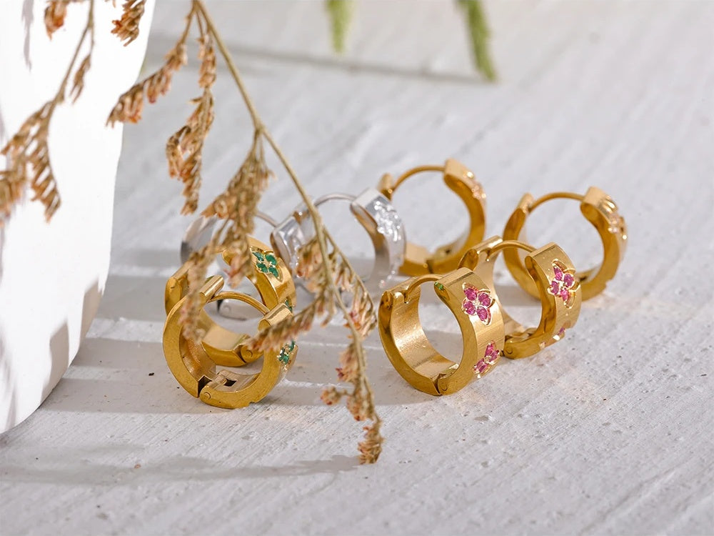 Pink green white cubic zirconia hoop earrings - product image