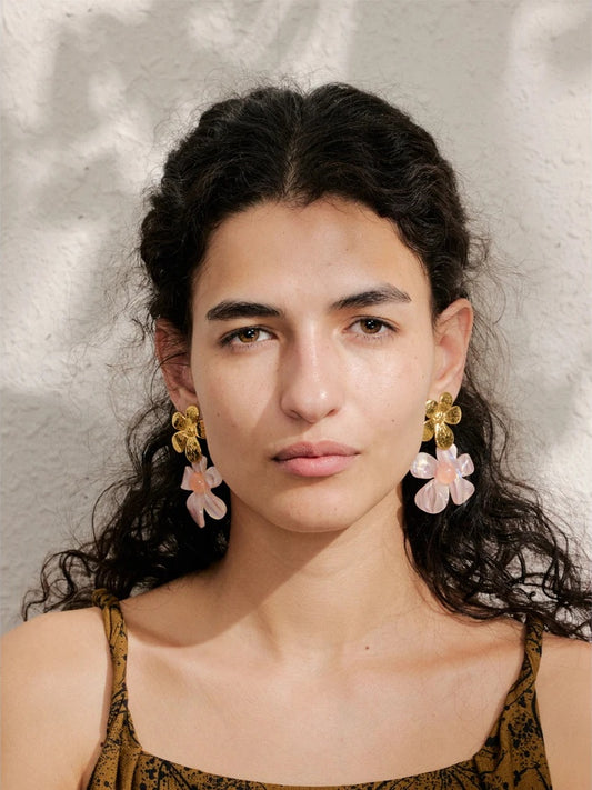 Pink resin flower dangle daily drop earrings - product image