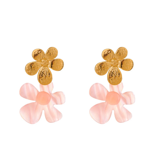 Pink resin flower dangle daily drop earrings - product image