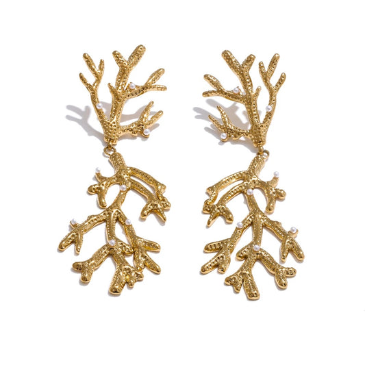 Plant leaf pearls big drop earrings - product image