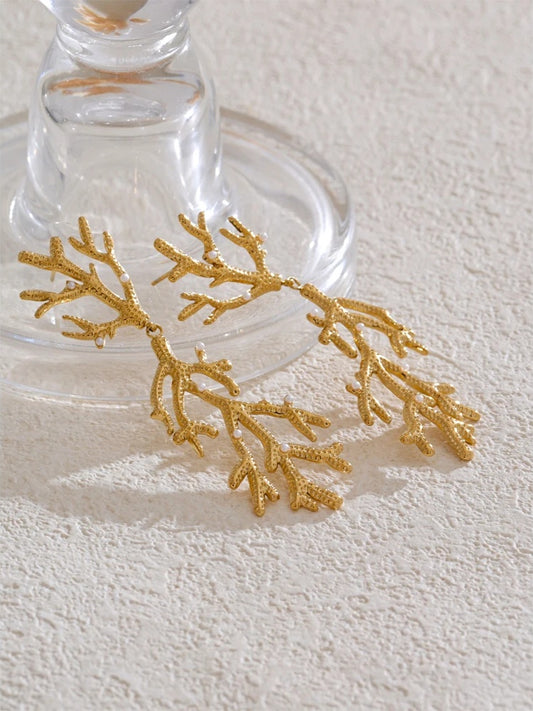 Plant leaf pearls big drop earrings - product image