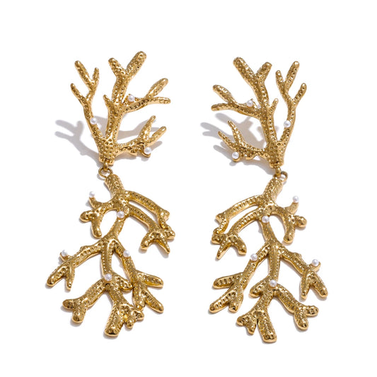 Plant leaf pearls big drop earrings - product image