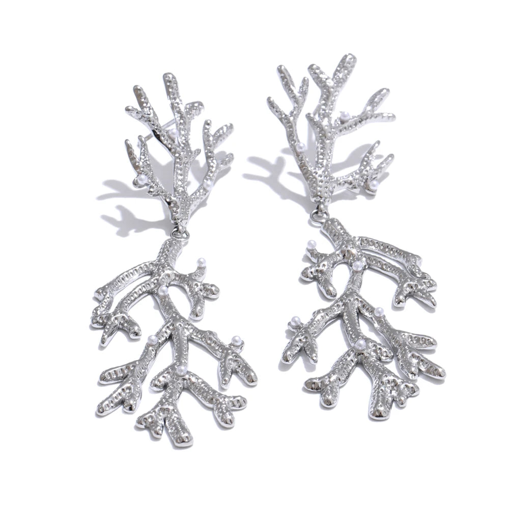 Plant leaf pearls big drop earrings - product image