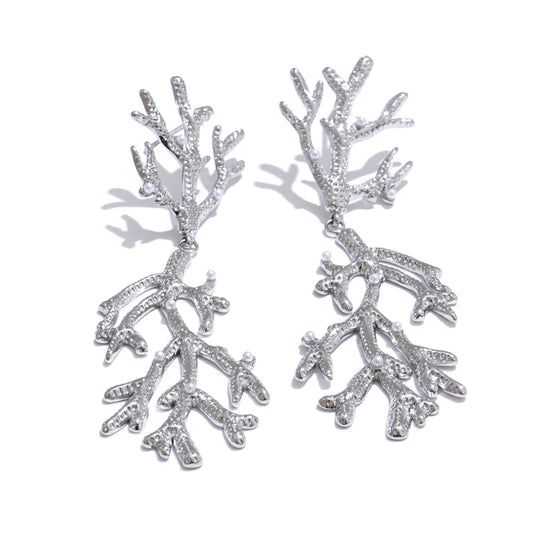 Plant leaf pearls big drop earrings - product image