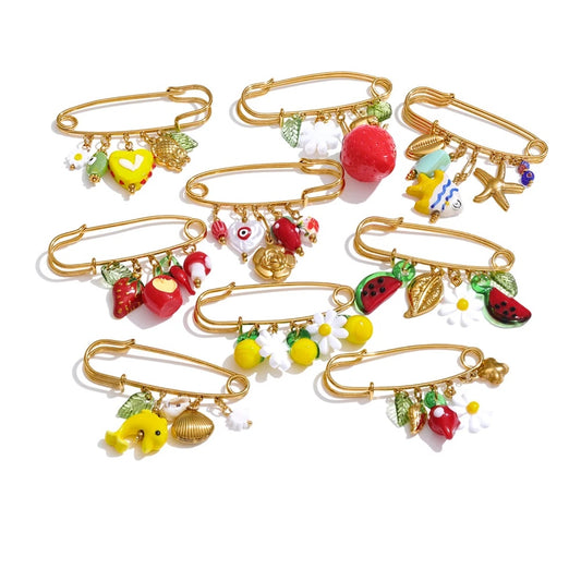 Plastic strawberry fruit heart flower shell pin brooch - product image