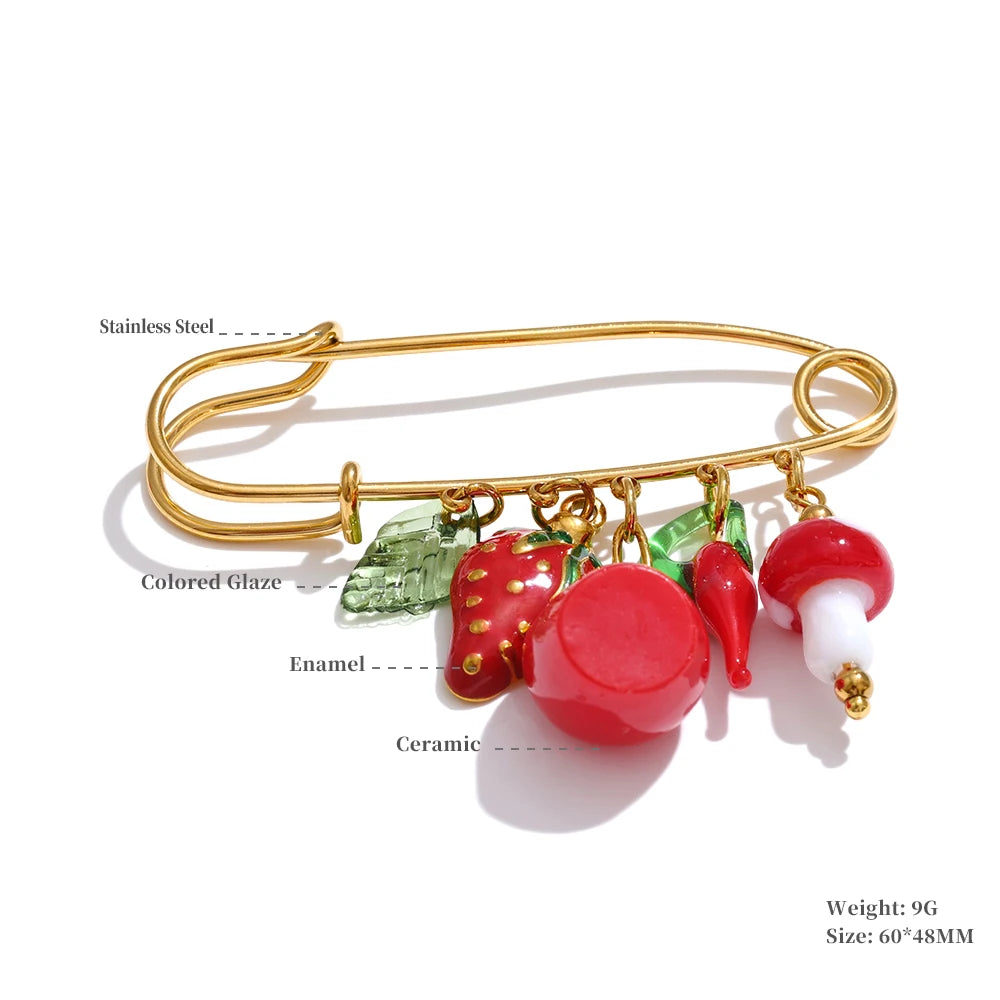 Plastic strawberry fruit heart flower shell pin brooch - product image