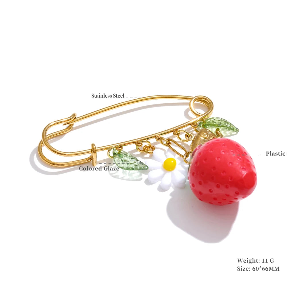 Plastic strawberry fruit heart flower shell pin brooch - product image