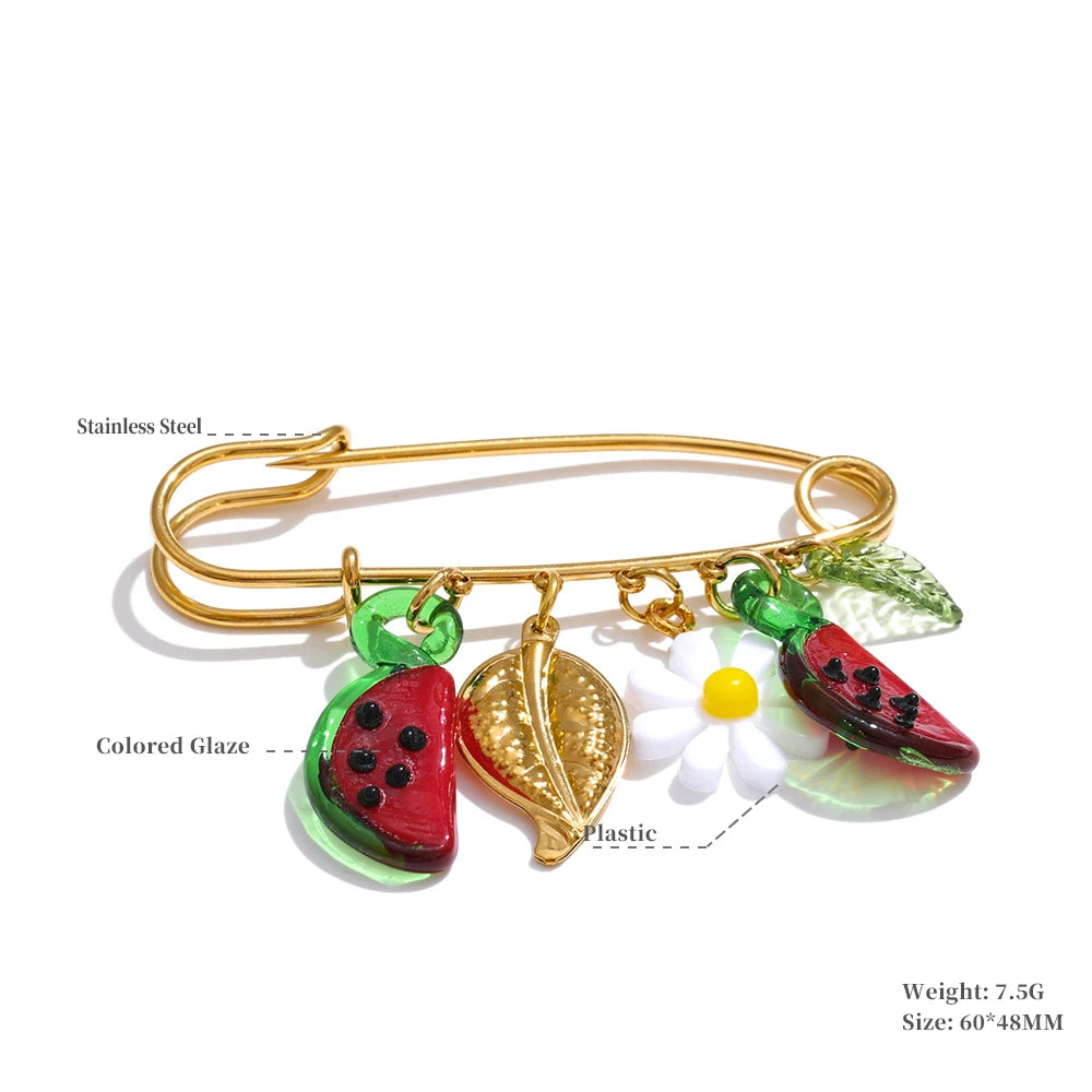 Plastic strawberry fruit heart flower shell pin brooch - product image