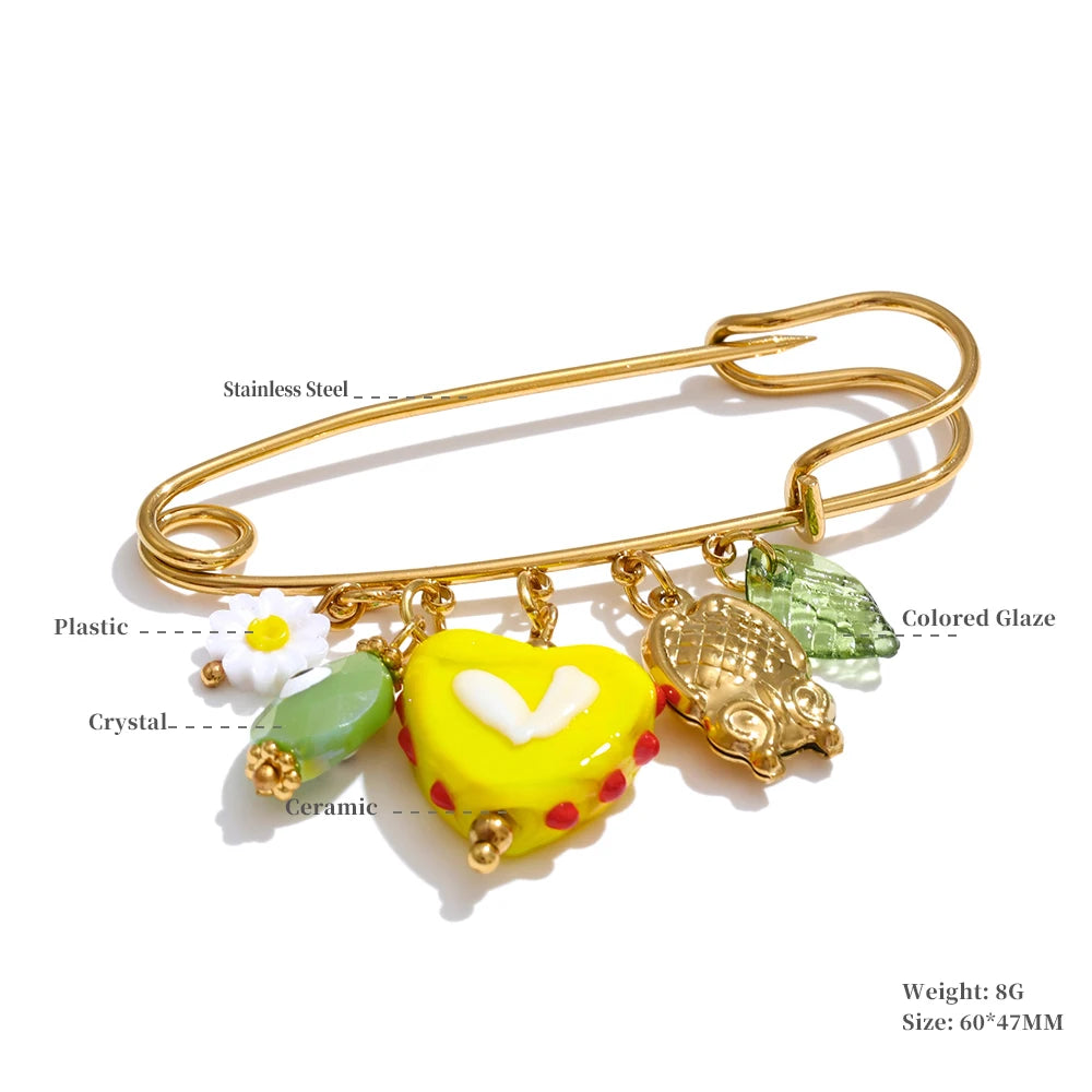 Plastic strawberry fruit heart flower shell pin brooch - product image