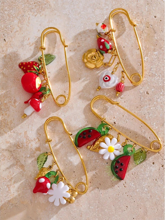 Plastic strawberry fruit heart flower shell pin brooch - product image