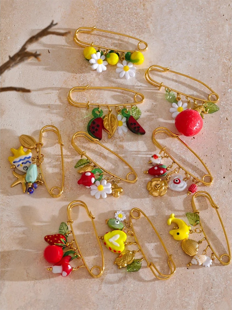 Plastic strawberry fruit heart flower shell pin brooch - product image
