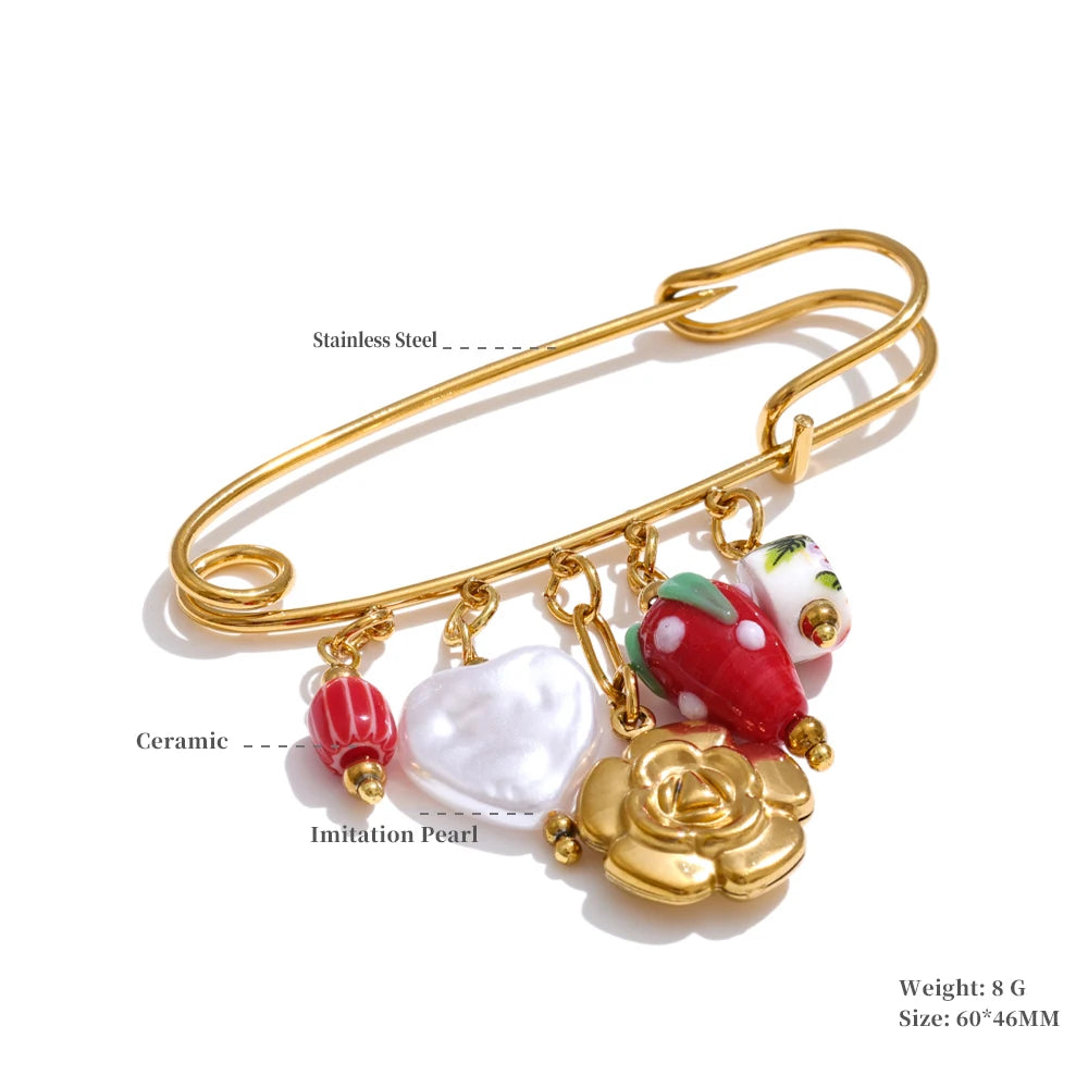 Plastic strawberry fruit heart flower shell pin brooch - product image
