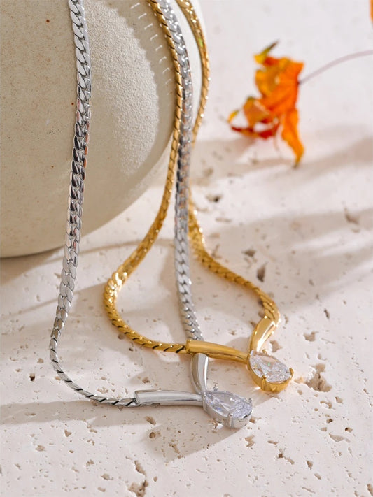 Polished chain cubic zirconia water drop necklace - product image