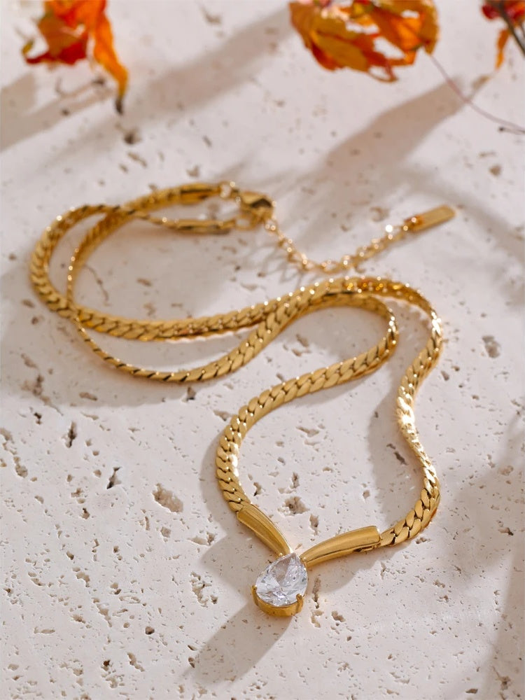 Polished chain cubic zirconia water drop necklace - product image