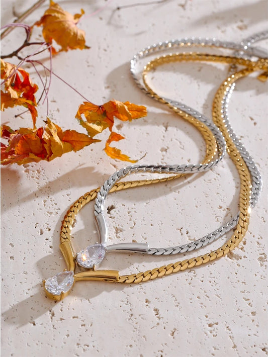 Polished chain cubic zirconia water drop necklace - product image