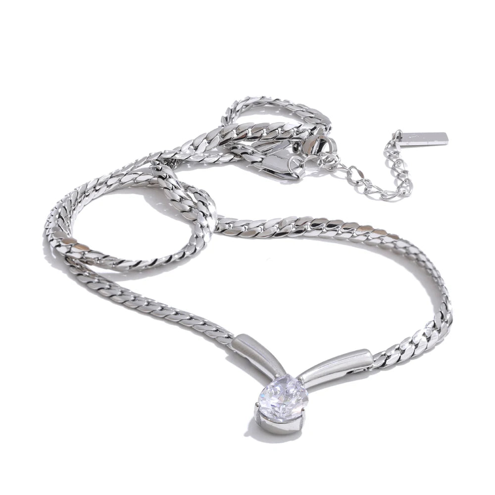 Polished chain cubic zirconia water drop necklace - product image