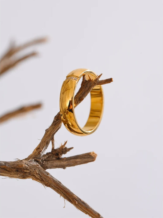 Polished cubic zircon gold color ring - product image