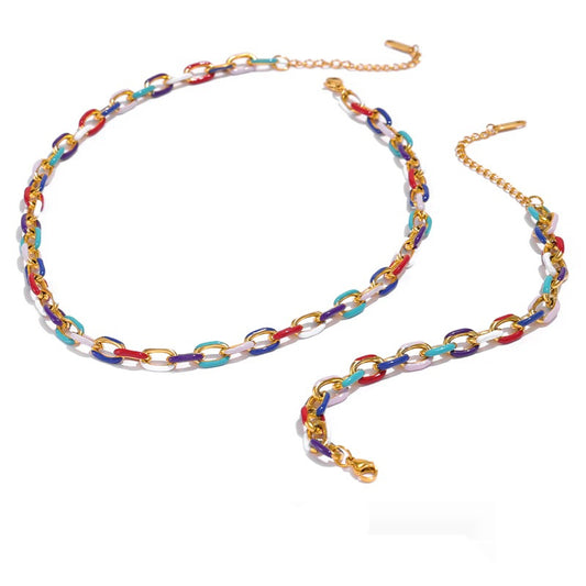 Rainbow enamel chain necklace bracelet set - product image