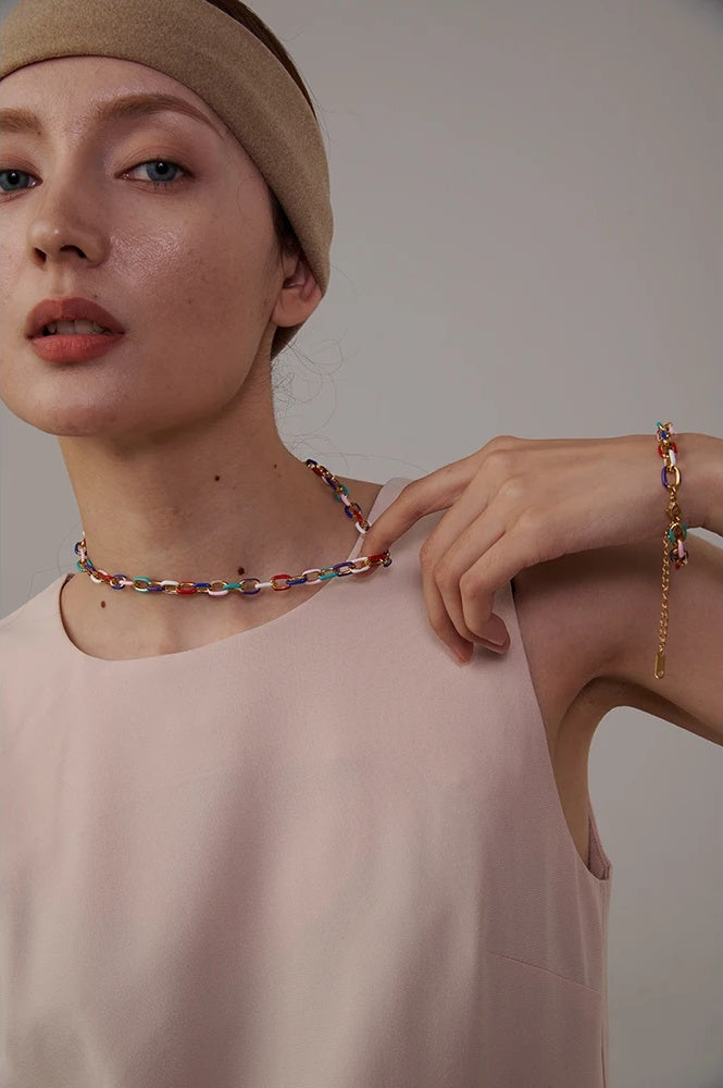 Rainbow enamel chain necklace bracelet set - product image