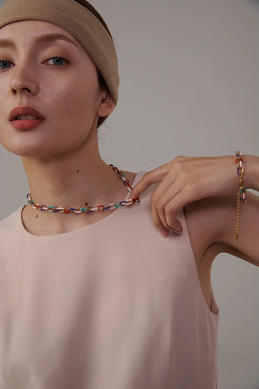 Rainbow enamel chain necklace bracelet set - product image