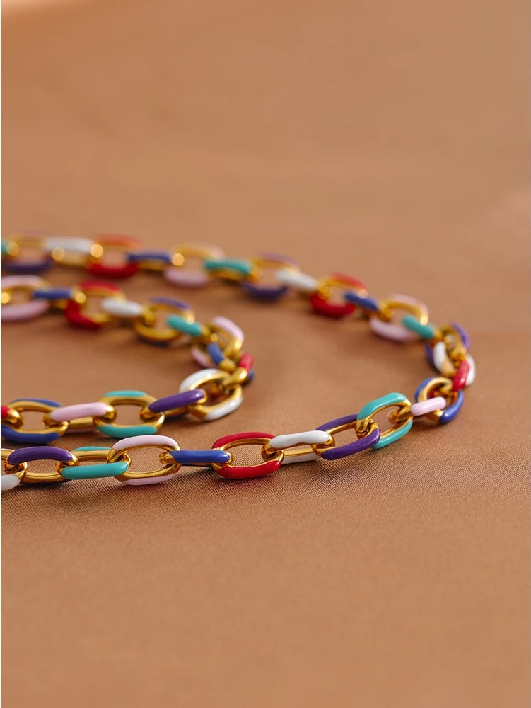 Rainbow enamel chain necklace bracelet set - product image