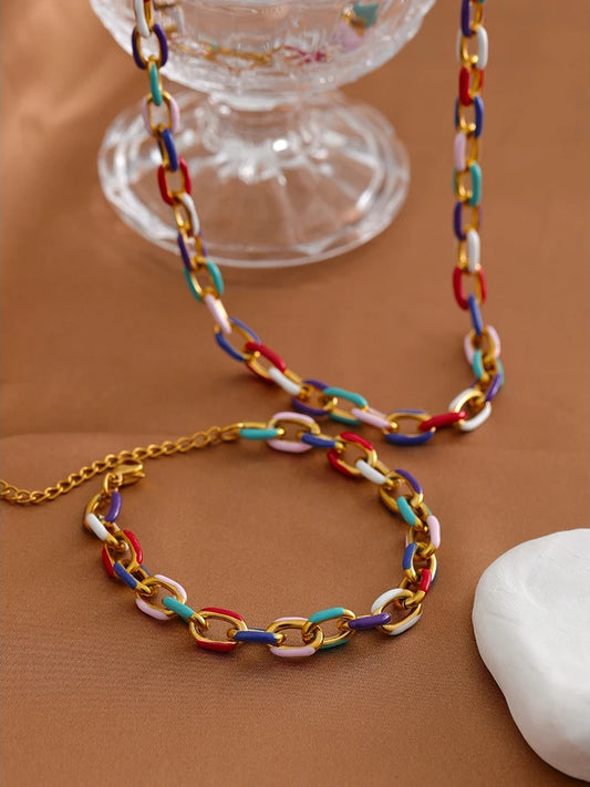Rainbow enamel chain necklace bracelet set - product image