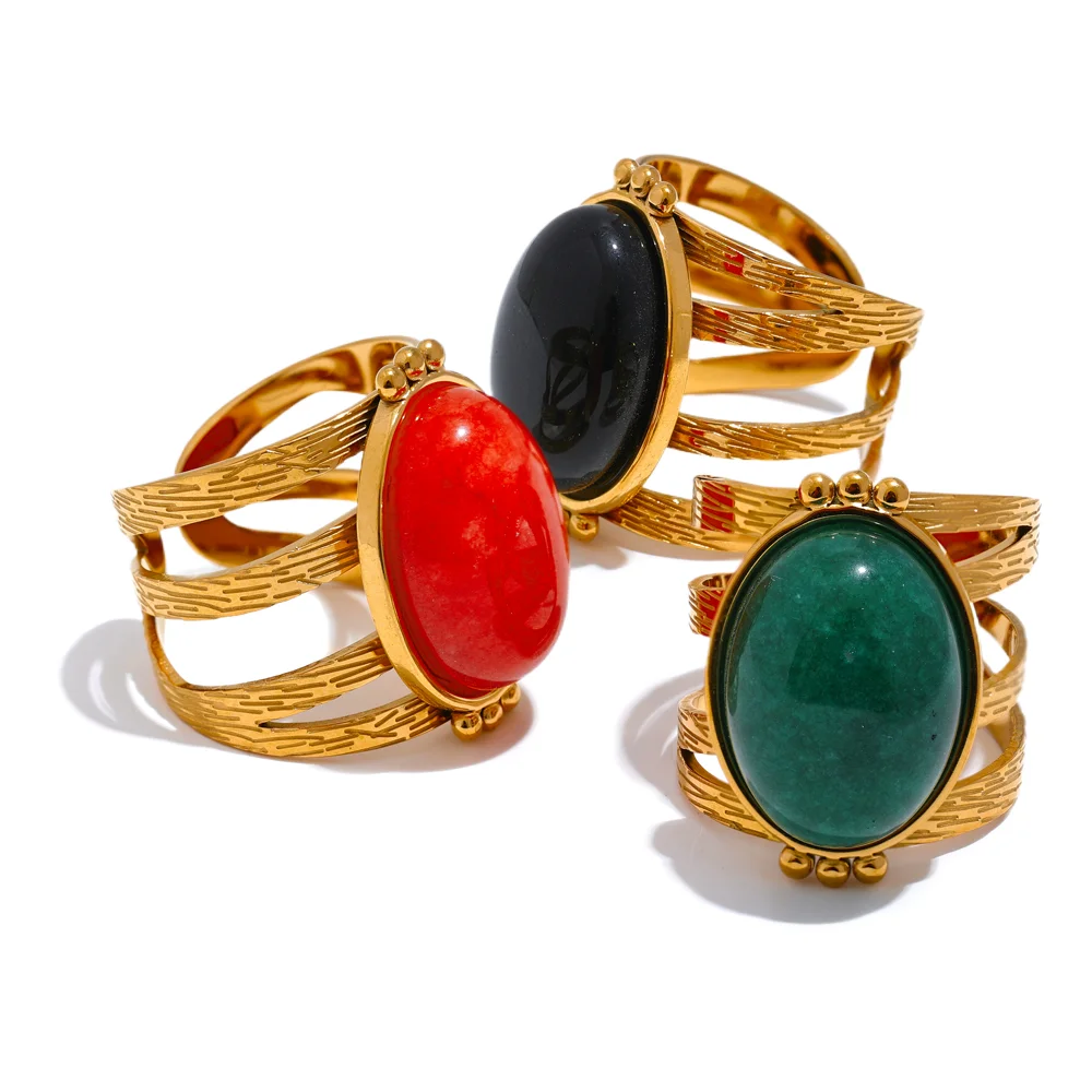 Red black green stone open adjustable ring - product image