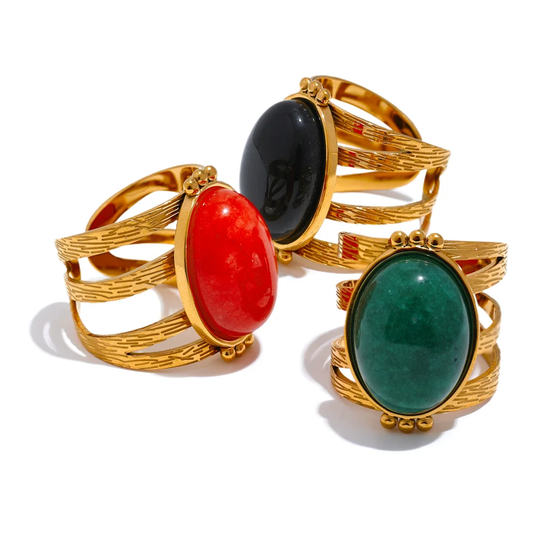 Red black green stone open adjustable ring - product image