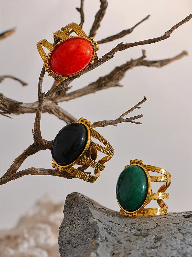 Red black green stone open adjustable ring - product image