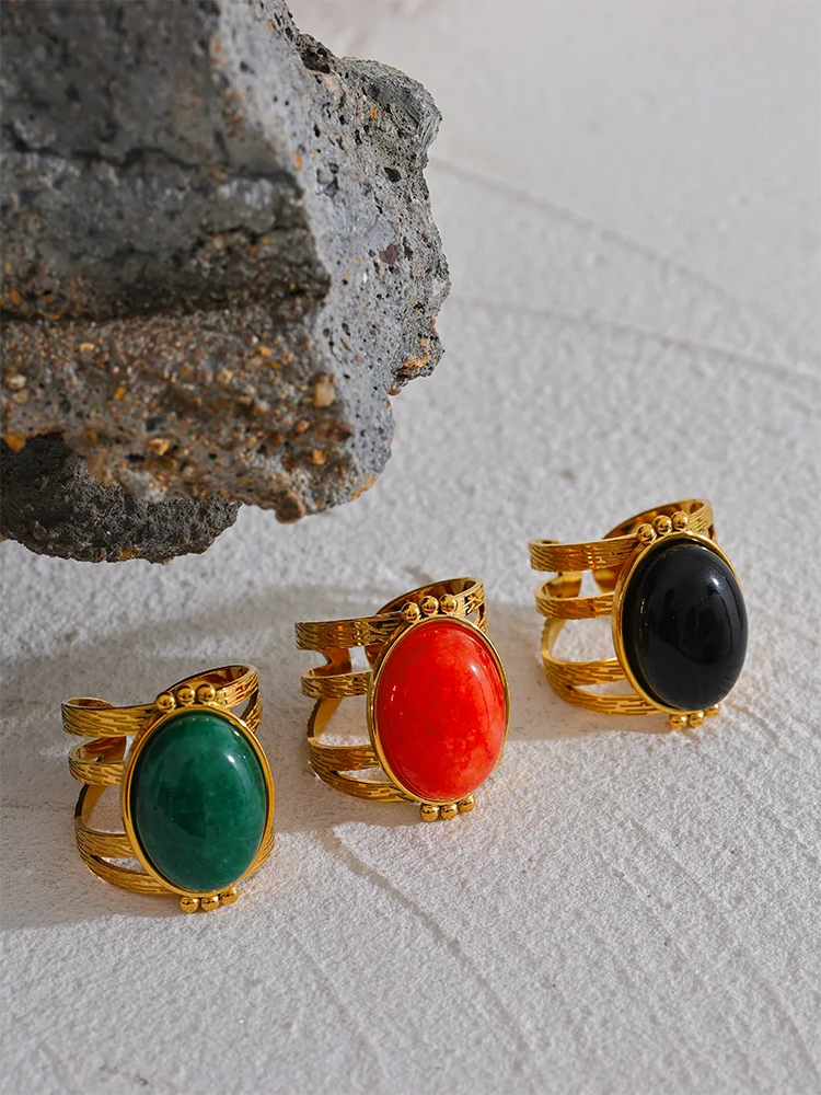 Red black green stone open adjustable ring - product image