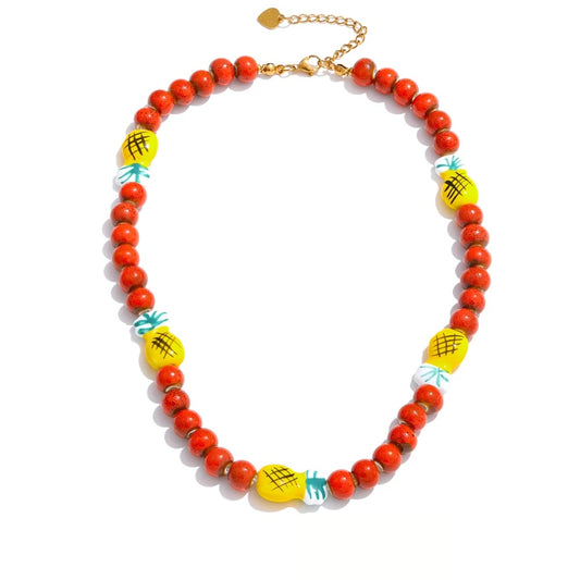 Red ceramic beads pineapple chain necklace - product image