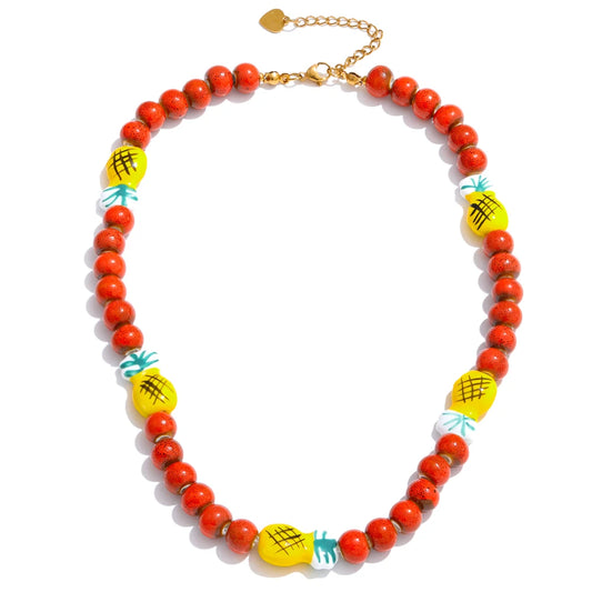 Red ceramic beads pineapple chain necklace - product image