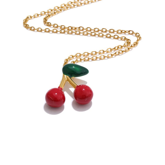 Red cherry enamel pendant necklace earrings set - product image