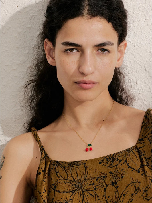 Red cherry enamel pendant necklace earrings set - product image
