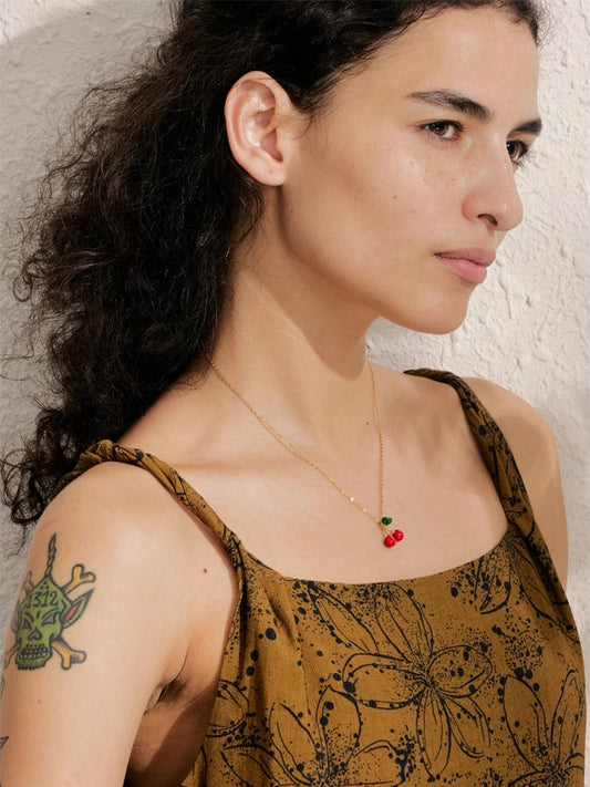 Red cherry enamel pendant necklace earrings set - product image