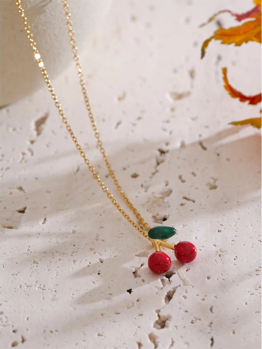 Red cherry enamel pendant necklace earrings set - product image