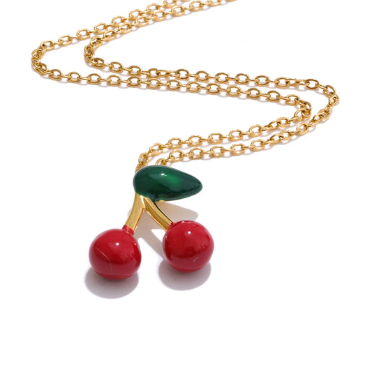 Red cherry enamel pendant necklace earrings set - product image