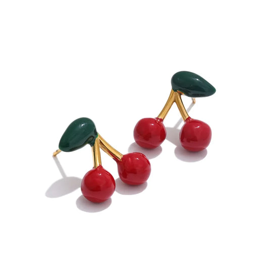 Red cherry enamel pendant necklace earrings set - product image