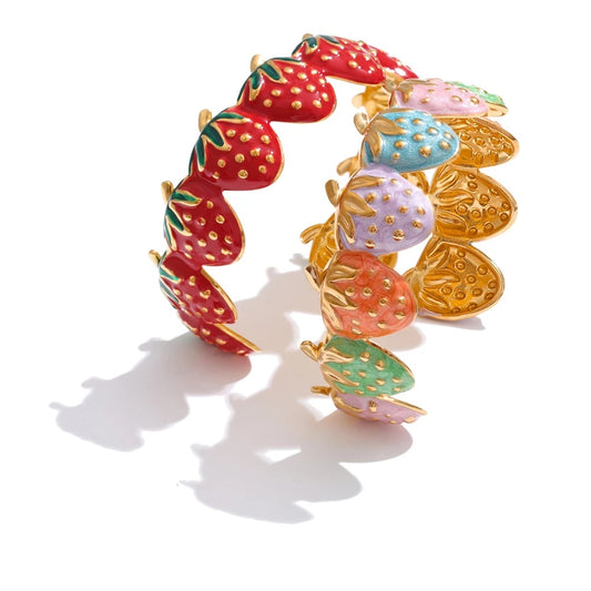 Red colorful enamel strawberry open cuff bracelet - product image