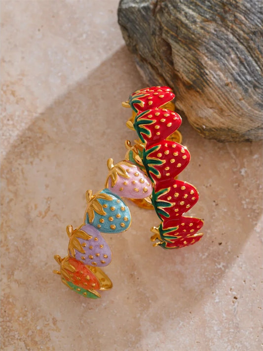 Red colorful enamel strawberry open cuff bracelet - product image